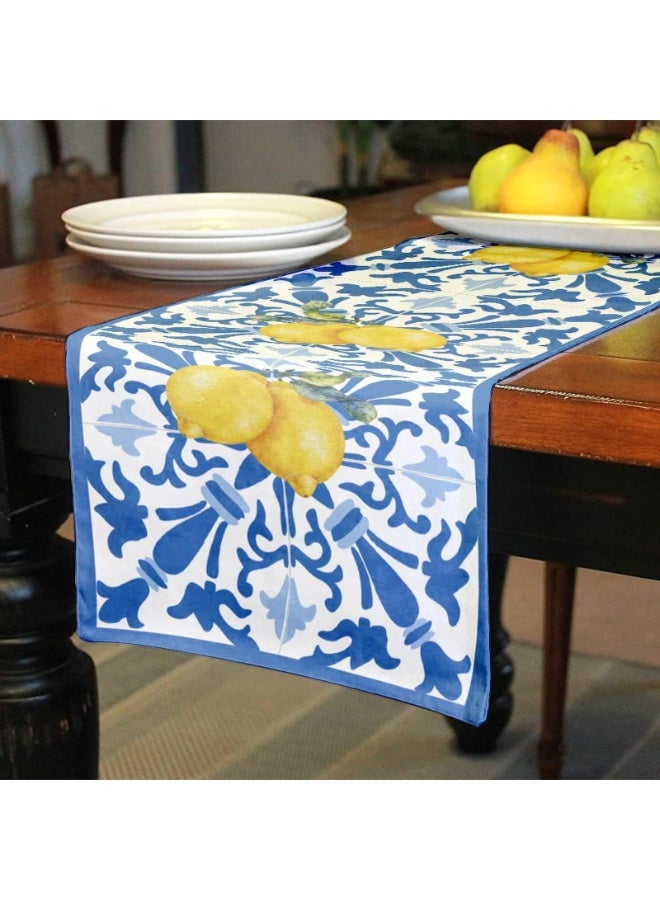 Italian Lemon Summer Table Runner 13" x 72" Blue Tiles Table Runner Decorative for Dining Room Kitchen - Image 2
