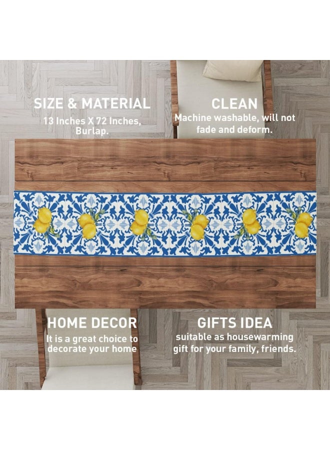 Italian Lemon Summer Table Runner 13" x 72" Blue Tiles Table Runner Decorative for Dining Room Kitchen - Image 3
