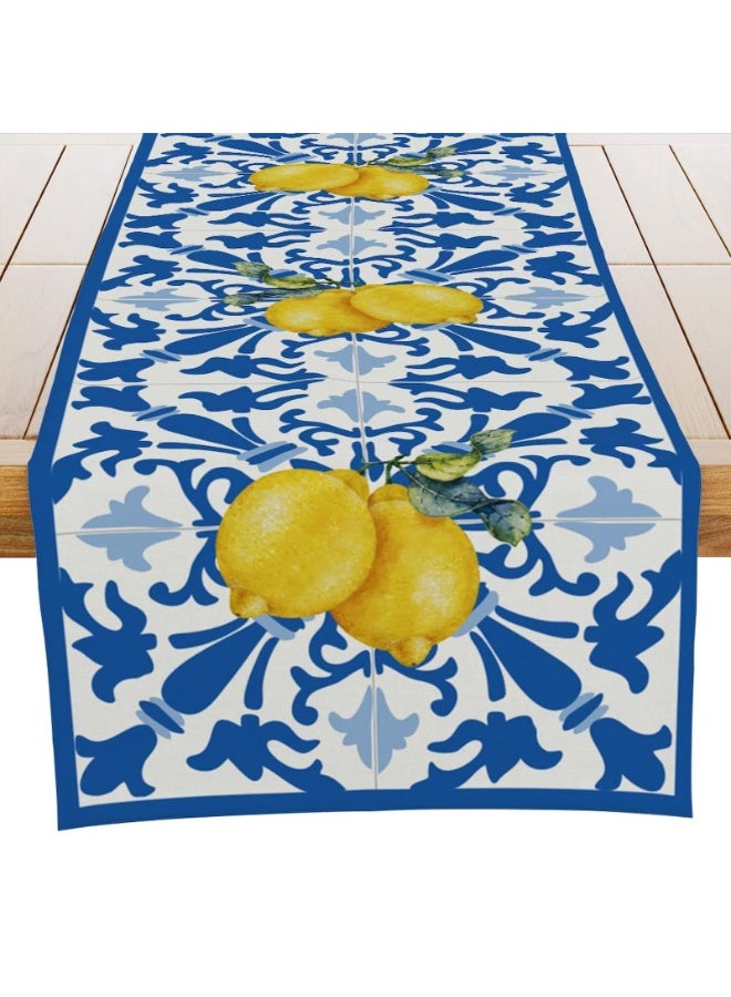 Italian Lemon Summer Table Runner 13" x 72" Blue Tiles Table Runner Decorative for Dining Room Kitchen - Image 1