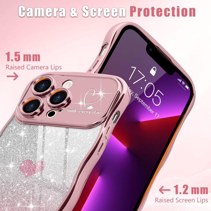 Teageo for iPhone 13 Pro Max Case for Women Girls Cute Curly Wavy Frame Love Heart Glitter Bling Camera Protection Luxury Elegant Shockproof Clear Wave Phone Case for iPhone 13 Pro Max 6.7", Pink - Image 3
