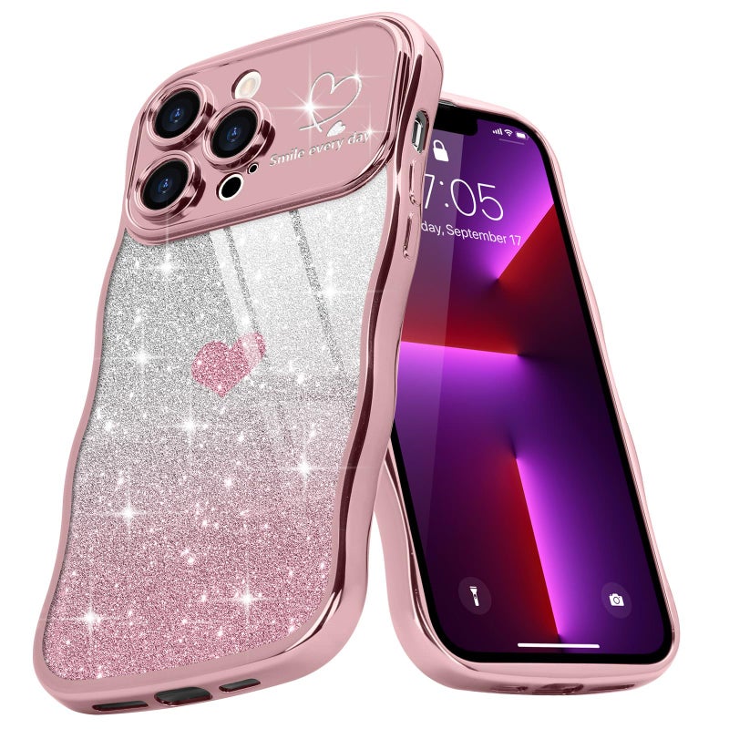Teageo for iPhone 13 Pro Max Case for Women Girls Cute Curly Wavy Frame Love Heart Glitter Bling Camera Protection Luxury Elegant Shockproof Clear Wave Phone Case for iPhone 13 Pro Max 6.7", Pink - Image 1