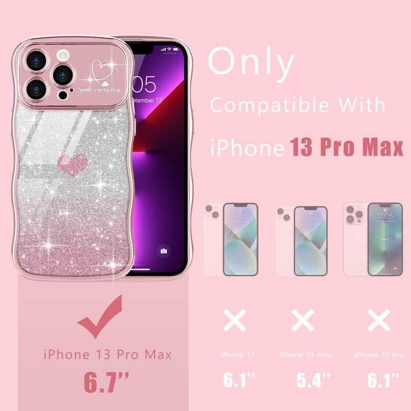Teageo for iPhone 13 Pro Max Case for Women Girls Cute Curly Wavy Frame Love Heart Glitter Bling Camera Protection Luxury Elegant Shockproof Clear Wave Phone Case for iPhone 13 Pro Max 6.7", Pink - Image 2