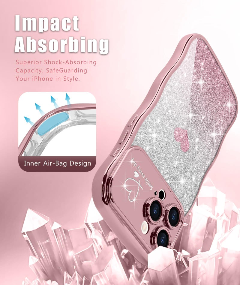 Teageo for iPhone 13 Pro Max Case for Women Girls Cute Curly Wavy Frame Love Heart Glitter Bling Camera Protection Luxury Elegant Shockproof Clear Wave Phone Case for iPhone 13 Pro Max 6.7", Pink - Image 5