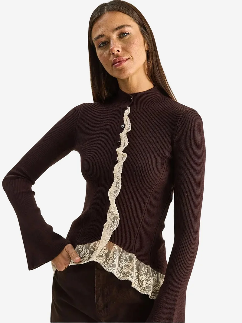 Bianco Lucci LUCCI Half Turtleneck Ribbed Cardigan