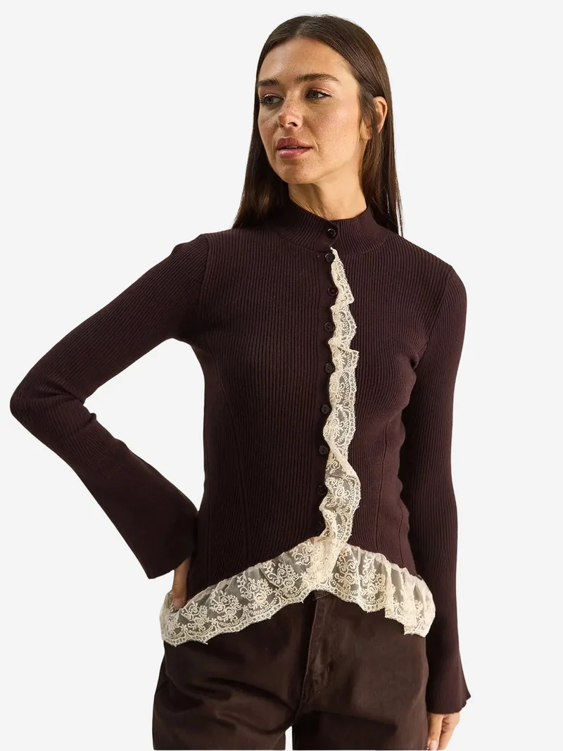 Bianco Lucci LUCCI Half Turtleneck Ribbed Cardigan
