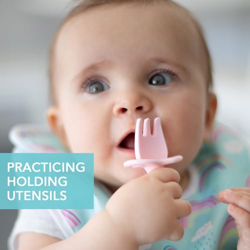 BUMKiNs مجموعة أدوات الطعام للأطفال من بومكنز، ملاعق سيليكون للتغميس، التغذية الذاتية، الفطام المدعوم من قبل الطفل، التعلم التدريبي، مرحلة الأكل الأولى، شوكة وملعقة ناعمة للتدريب، للأطفال من 6 أشهر، وردي - Image 2
