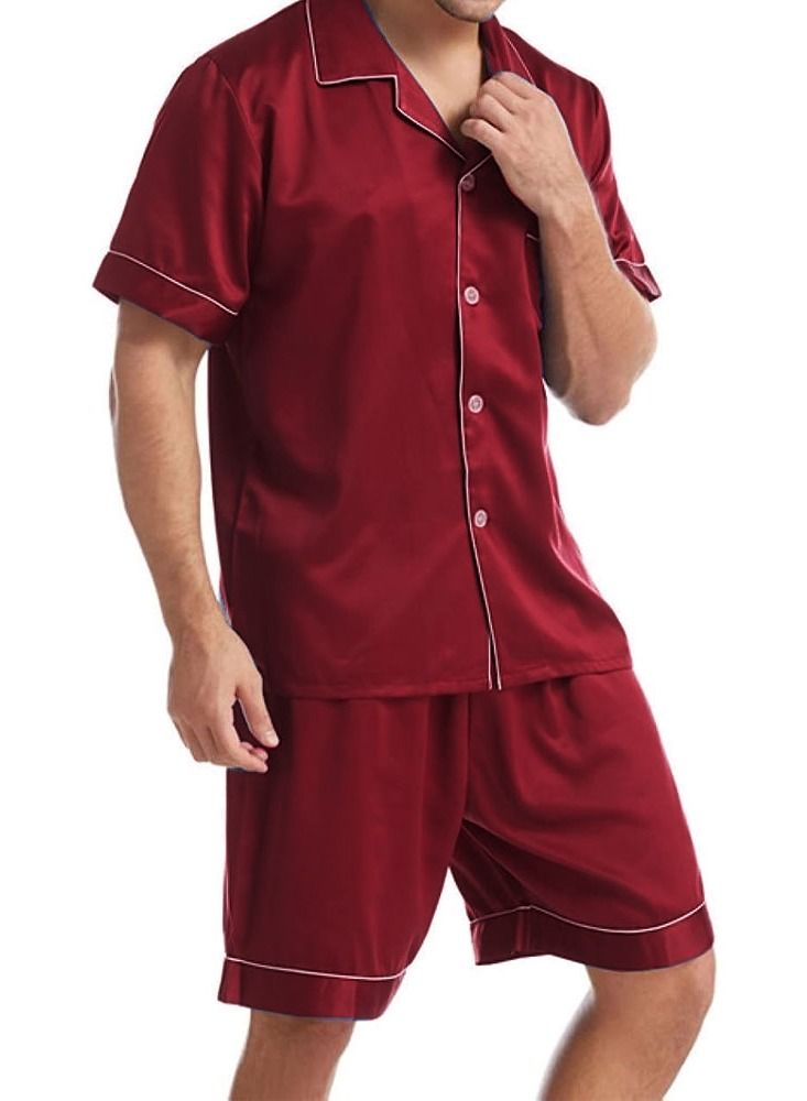 MARGOUN Mens 2pcs Summer Soft Pyjamas Set Short Sleeve Button Down Shirt With Boxer Shorts Red Medium (Shirt Length 28''/Shirt Chest 22''/Pajama Length 19''/Pajama Waist 28'') - Image 1