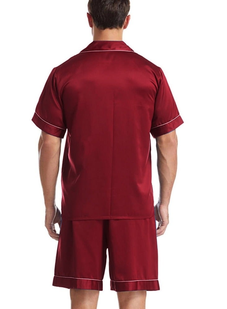 MARGOUN Mens 2pcs Summer Soft Pyjamas Set Short Sleeve Button Down Shirt With Boxer Shorts Red Medium (Shirt Length 28''/Shirt Chest 22''/Pajama Length 19''/Pajama Waist 28'') - Image 3