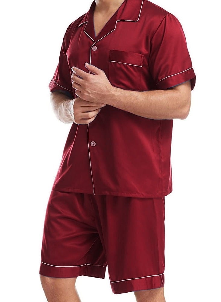 MARGOUN Mens 2pcs Summer Soft Pyjamas Set Short Sleeve Button Down Shirt With Boxer Shorts Red Medium (Shirt Length 28''/Shirt Chest 22''/Pajama Length 19''/Pajama Waist 28'') - Image 4