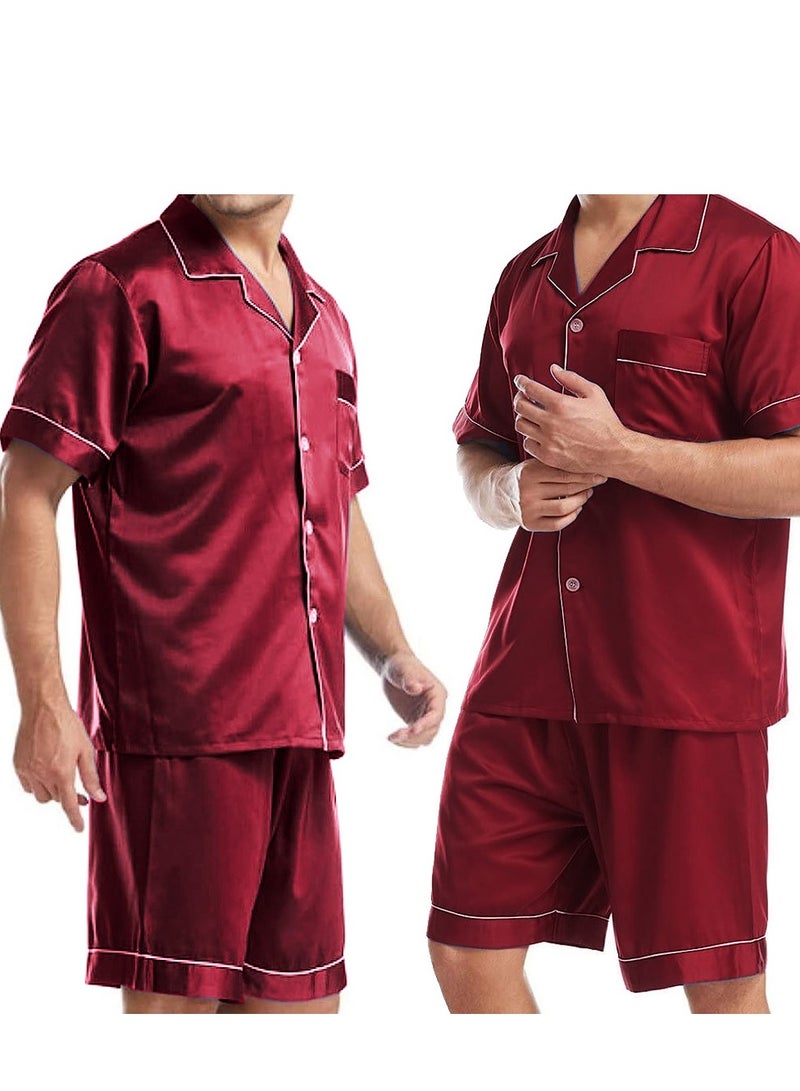 MARGOUN Mens 2pcs Summer Soft Pyjamas Set Short Sleeve Button Down Shirt With Boxer Shorts Red Medium (Shirt Length 28''/Shirt Chest 22''/Pajama Length 19''/Pajama Waist 28'') - Image 5