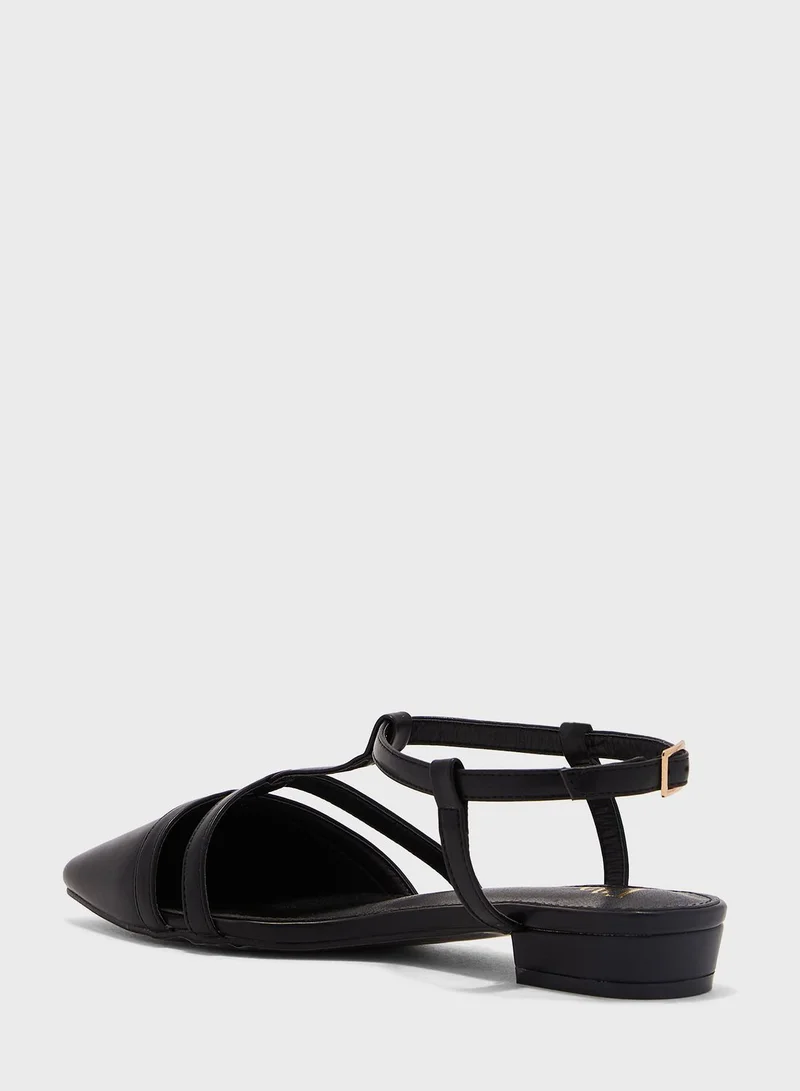 ELLA Tbar Detail Rounded Heel Flat Shoe Black