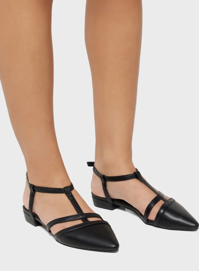 ELLA Tbar Detail Rounded Heel Flat Shoe Black