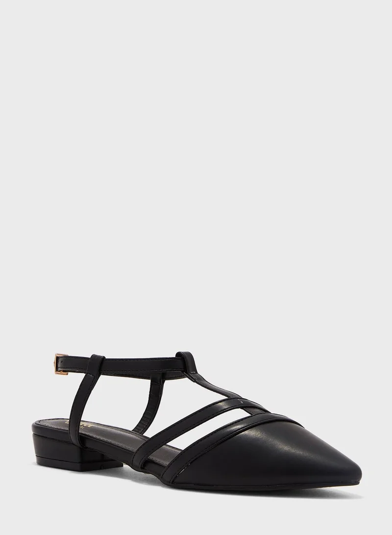 ELLA Tbar Detail Rounded Heel Flat Shoe Black