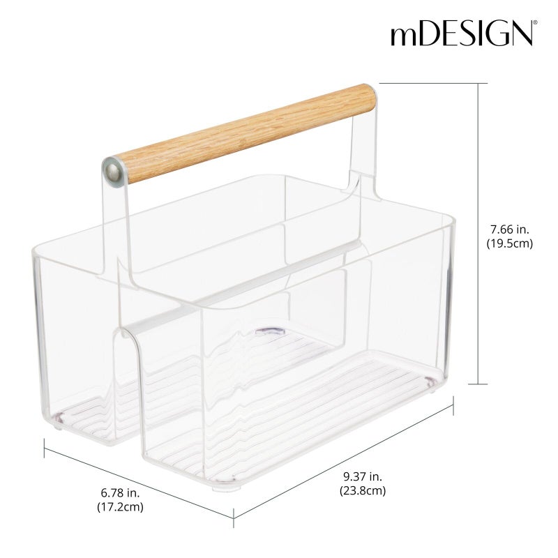 mDesign Plastic Portable Shower Caddy Divided Basket Bin Storage Organizer with Bamboo Handle for Bathroom, Dorm, Shelf & Cabinet Holds Shampoo, Conditioner - Aura Collection, White/Natural - Image 3