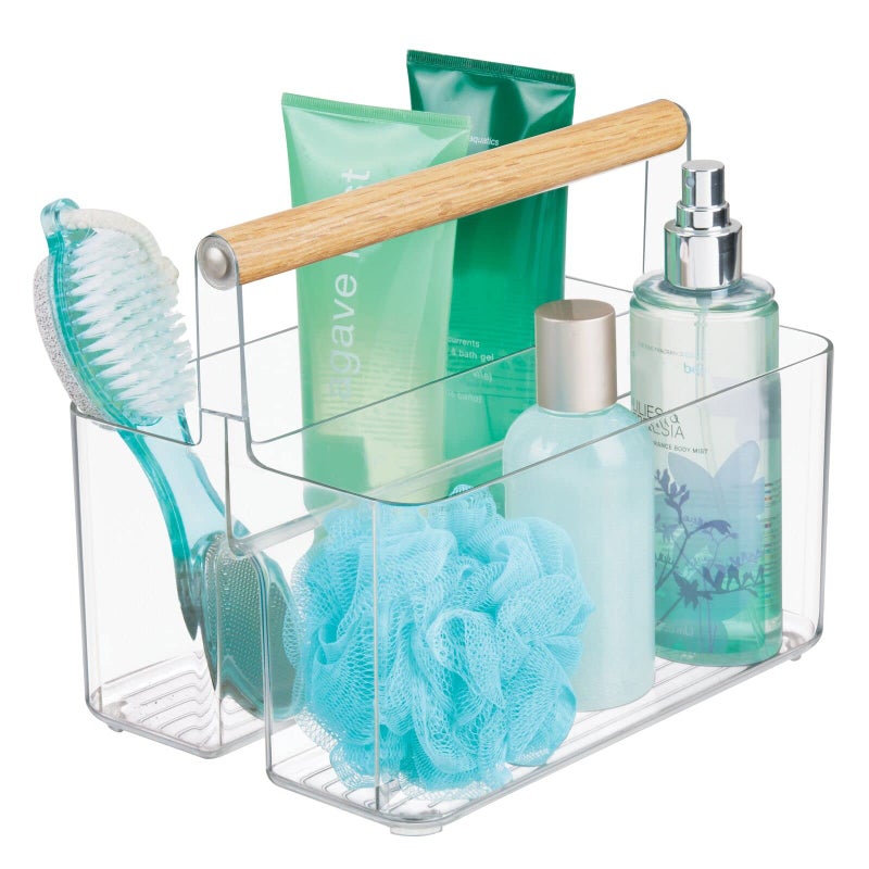 mDesign Plastic Portable Shower Caddy Divided Basket Bin Storage Organizer with Bamboo Handle for Bathroom, Dorm, Shelf & Cabinet Holds Shampoo, Conditioner - Aura Collection, White/Natural - Image 1