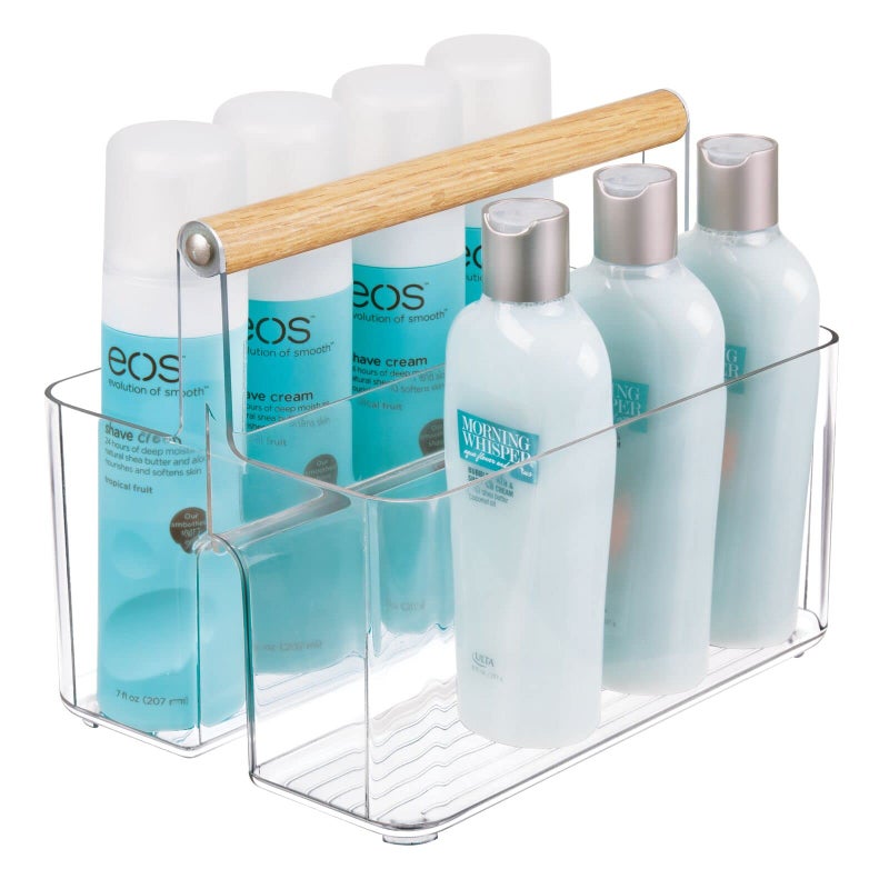 mDesign Plastic Portable Shower Caddy Divided Basket Bin Storage Organizer with Bamboo Handle for Bathroom, Dorm, Shelf & Cabinet Holds Shampoo, Conditioner - Aura Collection, White/Natural - Image 5