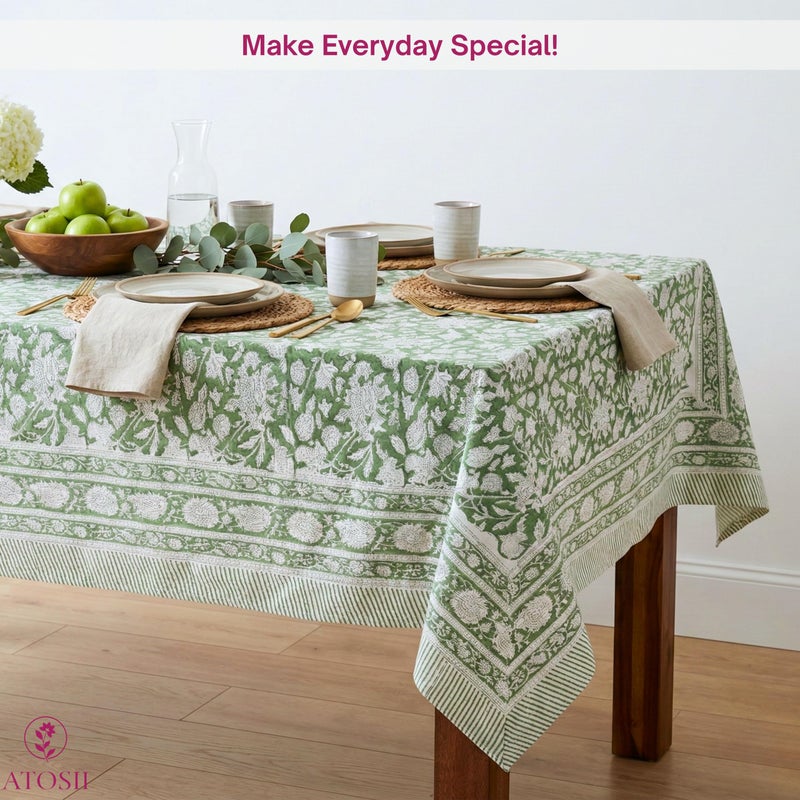ATOSII Meraki Green 100% Cotton Rectangle Tablecloth, Hand Block Print Washable Table Cover, Dining, Christmas Parties, Outdoors, Weddings, Thanksgiving, Halloween Fall Decor 60 X 108 Inches, 8 Seater - Image 5