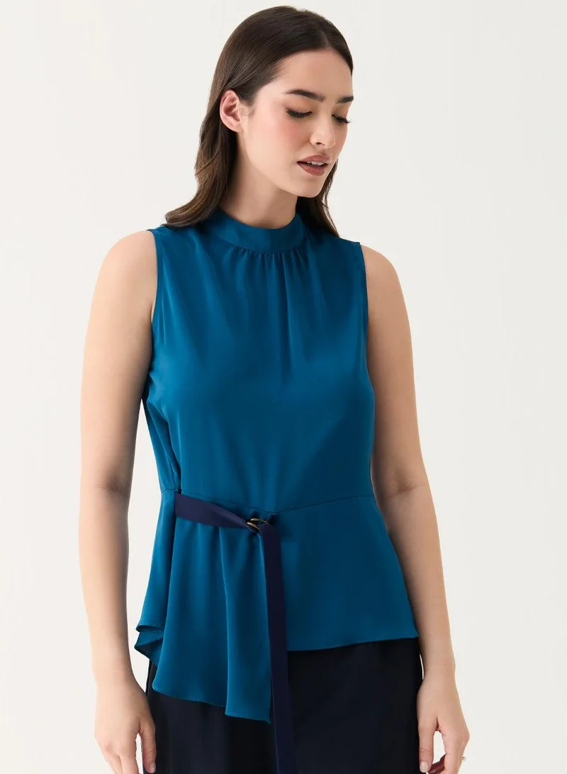 Zigzag Sleeveless D-Ring Belt Teal-Blue Top