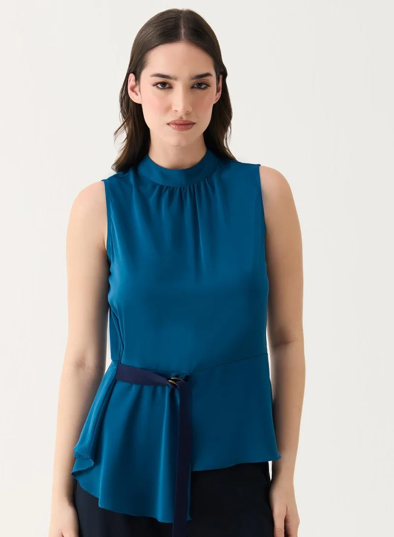 Zigzag  Sleeveless D-Ring Belt Teal-Blue Top for Women | Best Price UAE