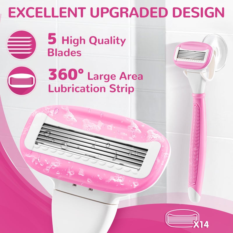 DreamGenius Razors for Women Include 2 Non-Slip Handles and 14 Blade Refills with a Shower Holder, 5 Premium Blades Women's Razors for Shaving with 360Â° Lubrication Reduces Irritation, Pink - Image 3