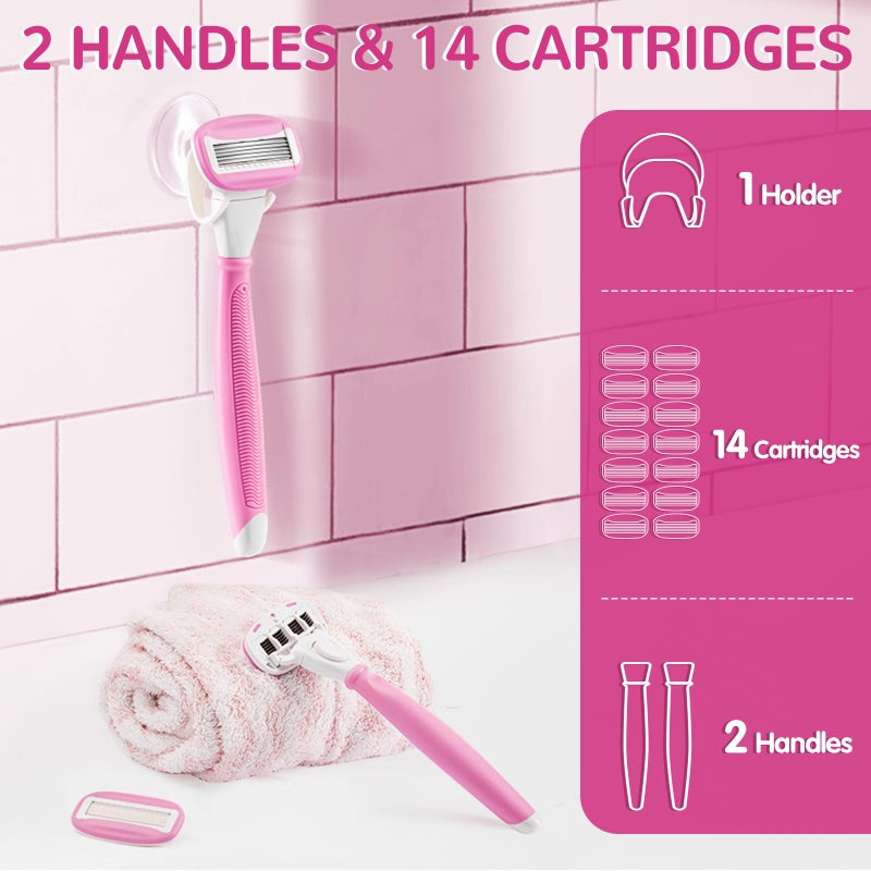 DreamGenius Razors for Women Include 2 Non-Slip Handles and 14 Blade Refills with a Shower Holder, 5 Premium Blades Women's Razors for Shaving with 360Â° Lubrication Reduces Irritation, Pink - Image 2
