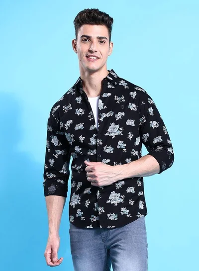 The Indian Garage Co Men Slim Fit Floral Printed Full Sleeves Cutaway Collar Casual Shirt