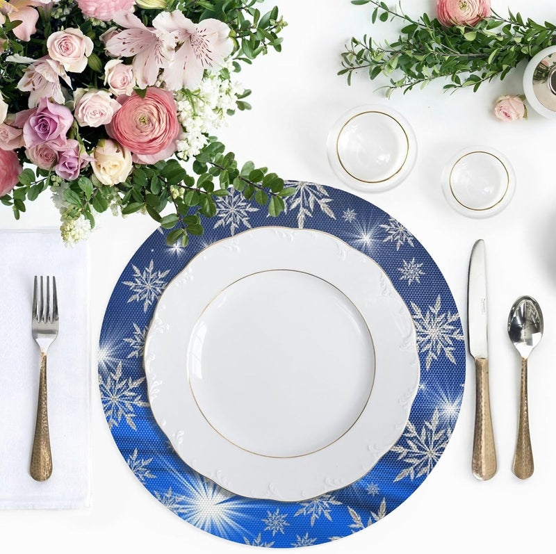 Kcldeci Merry Christmas Placemats for Dining Table Set of 4 Christmas Snowflake Blue Round Place mats Xmas Tablemats for Kitchen Dining Table Decoration Indoor Outdoor - Image 4