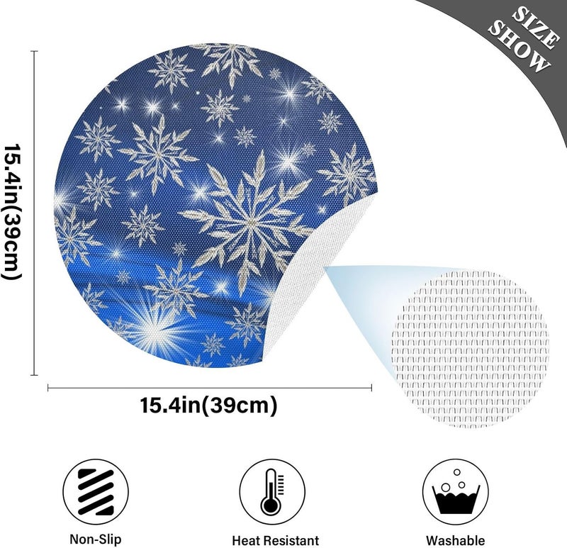 Kcldeci Merry Christmas Placemats for Dining Table Set of 4 Christmas Snowflake Blue Round Place mats Xmas Tablemats for Kitchen Dining Table Decoration Indoor Outdoor - Image 3