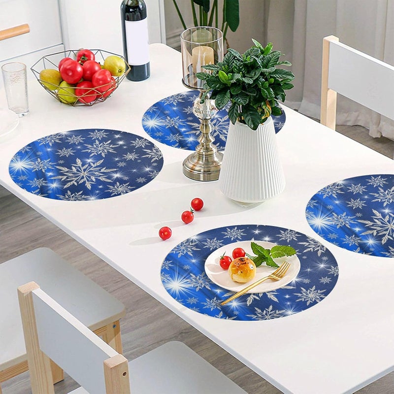 Kcldeci Merry Christmas Placemats for Dining Table Set of 4 Christmas Snowflake Blue Round Place mats Xmas Tablemats for Kitchen Dining Table Decoration Indoor Outdoor - Image 5