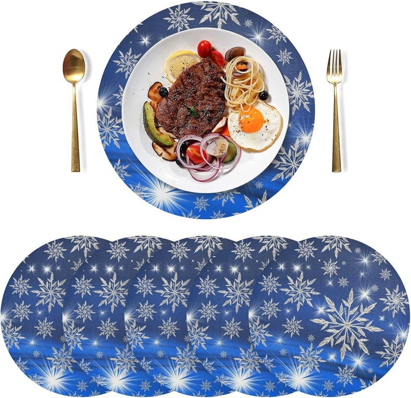 Kcldeci Merry Christmas Placemats for Dining Table Set of 4 Christmas Snowflake Blue Round Place mats Xmas Tablemats for Kitchen Dining Table Decoration Indoor Outdoor - Image 2
