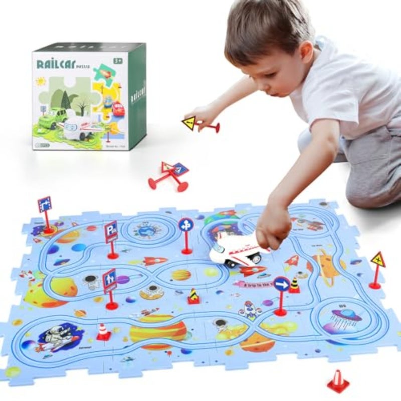 Puzzle with Rail Car for Ages 3-5, Toddler DIY Puzzle Track Play Set Gift, Critical Thinking Educational Toys for 3 4 5 6 Year Old Boys Girls, Fun Slot Car Building Toys for - Image 1