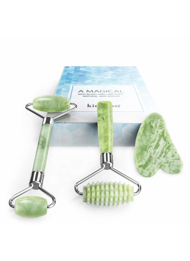 kimkoo kimkoo Jade Roller and Gua Sha for Face-3 in 1 Kit with Facial Massager Tool,100% Real Natural Jade Stone Anti Aging,Face Beauty Set for Eye Anti-Wrinkle  - Image 1