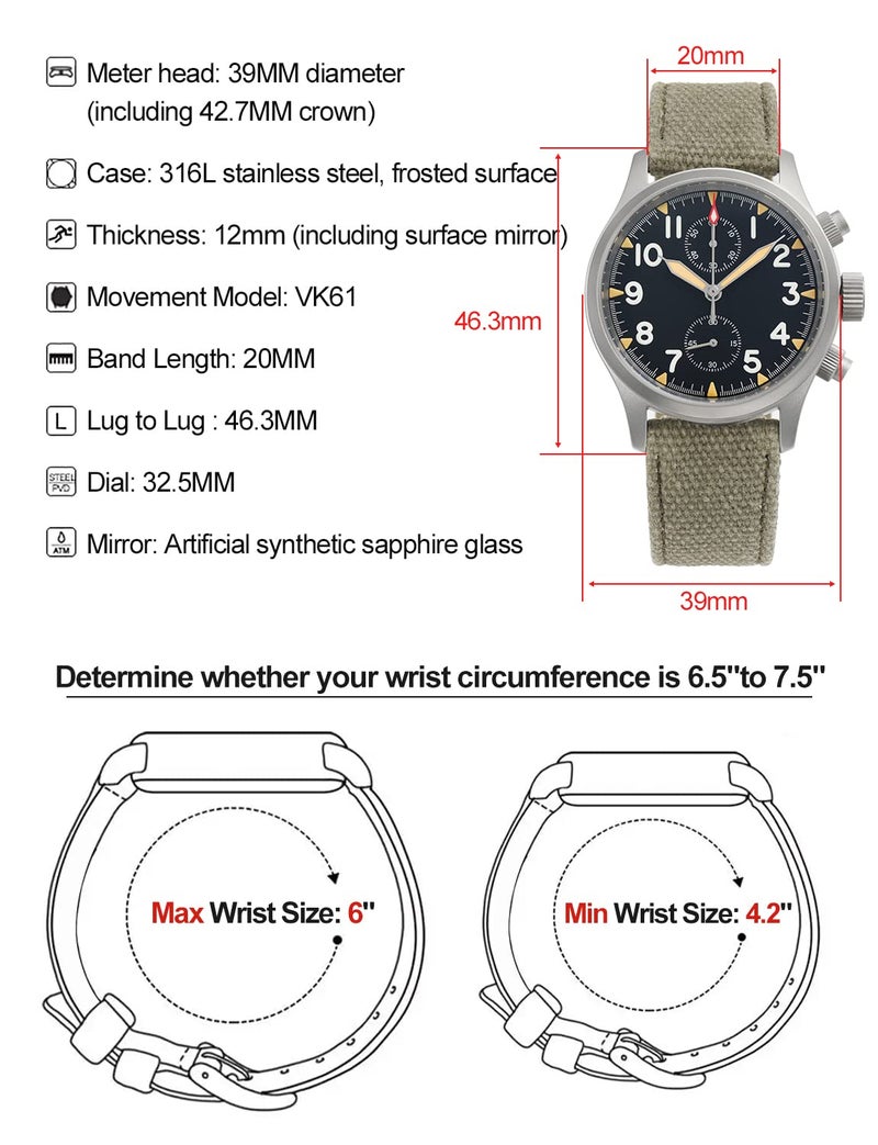 TACTICAL FROG Militado 39mm Military Chronograph Watch VK67 Quartz Sapphire Crystal Two-Color Luminous ML1868 V2, Black Nylon Strap - Image 5