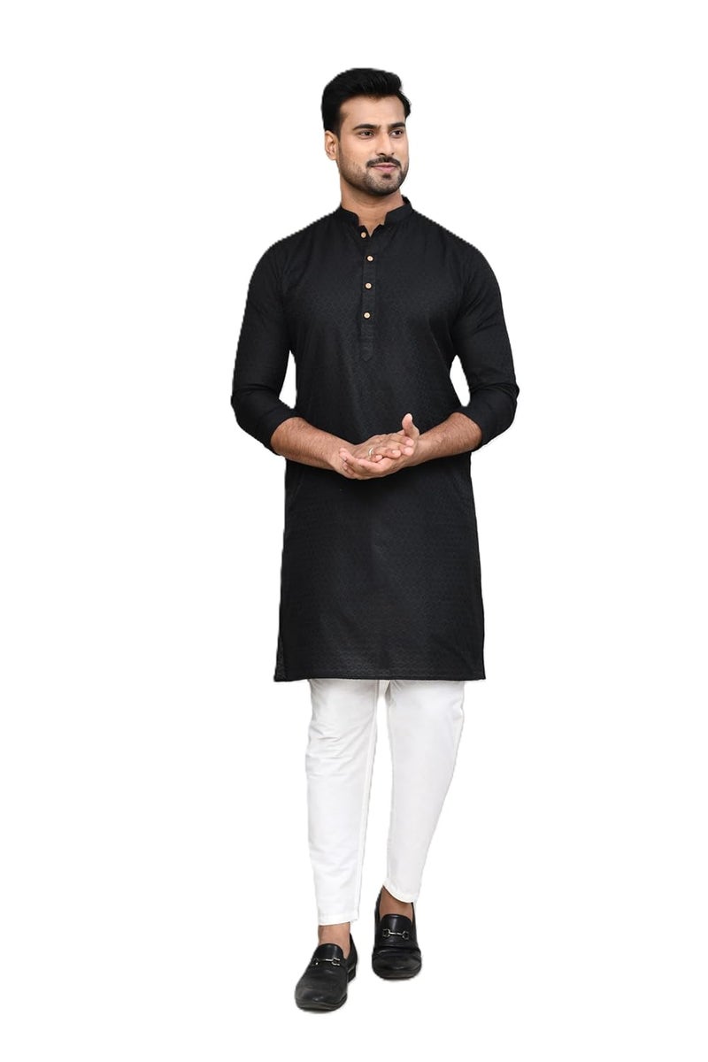 Polyfab Hathkargha Men’s Textured Cotton Kurta with White Pajama | Traditional Ethnic Wear for Festivals, Weddings & Parties | Full Sleeve Mandarin Collar Kurta Pajama Set for Men- Multi (XS to XXL) - Image 1