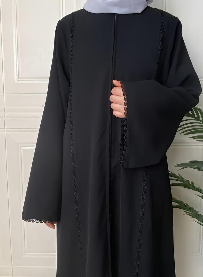 Take Two Black Solid Lace Trim A-Line Jalabiya - Image 1