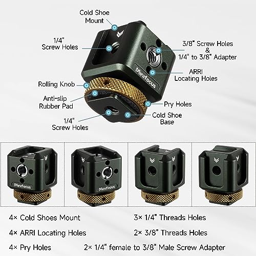 MINIFOCUS Camera Hot Shoe Extension Bracket with Quadruple Cold Shoe Mounts Adapter for Microphone LED Video Light, Aluminum Shoe Mount Holder with 1/4''&3/8'' Thread Hole and Arri-locating Hole - Image 3