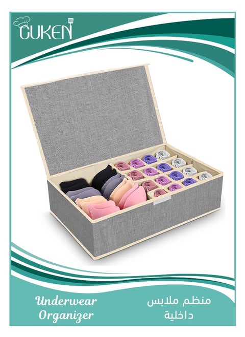 Clothes Underwear Drawer Organizer with Lid, 17 Cells Bra Closet Organizers, Foldable Underwear Storage Box, Fabric Divider Drawer Compartment for Clothing Underwear Bras Socks