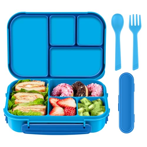Amathley Lunch Box Kids,Bento Box Adult,Leakproof Lunch Containers for Adults/Kids/Toddler,1200ML-4 Compartments bento Lunch box with Utensil,Microwave & Dishwasher & Freezer Safe (Blue) - Image 1