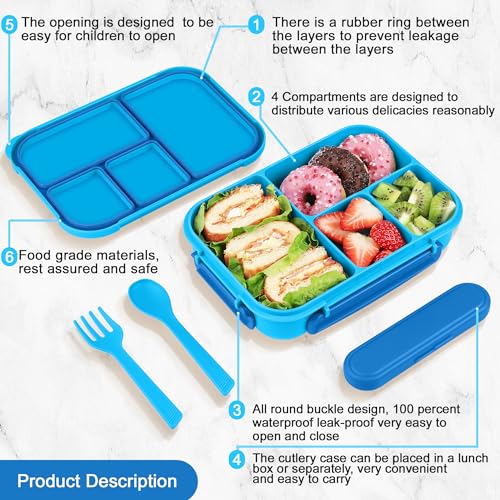 Amathley Lunch Box Kids,Bento Box Adult,Leakproof Lunch Containers for Adults/Kids/Toddler,1200ML-4 Compartments bento Lunch box with Utensil,Microwave & Dishwasher & Freezer Safe (Blue) - Image 3