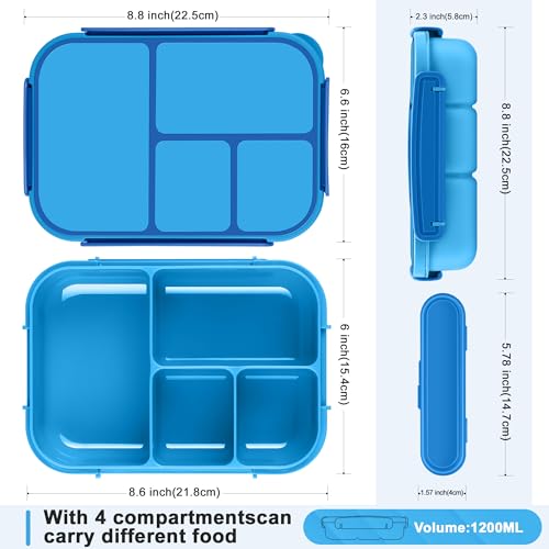 Amathley Lunch Box Kids,Bento Box Adult,Leakproof Lunch Containers for Adults/Kids/Toddler,1200ML-4 Compartments bento Lunch box with Utensil,Microwave & Dishwasher & Freezer Safe (Blue) - Image 2