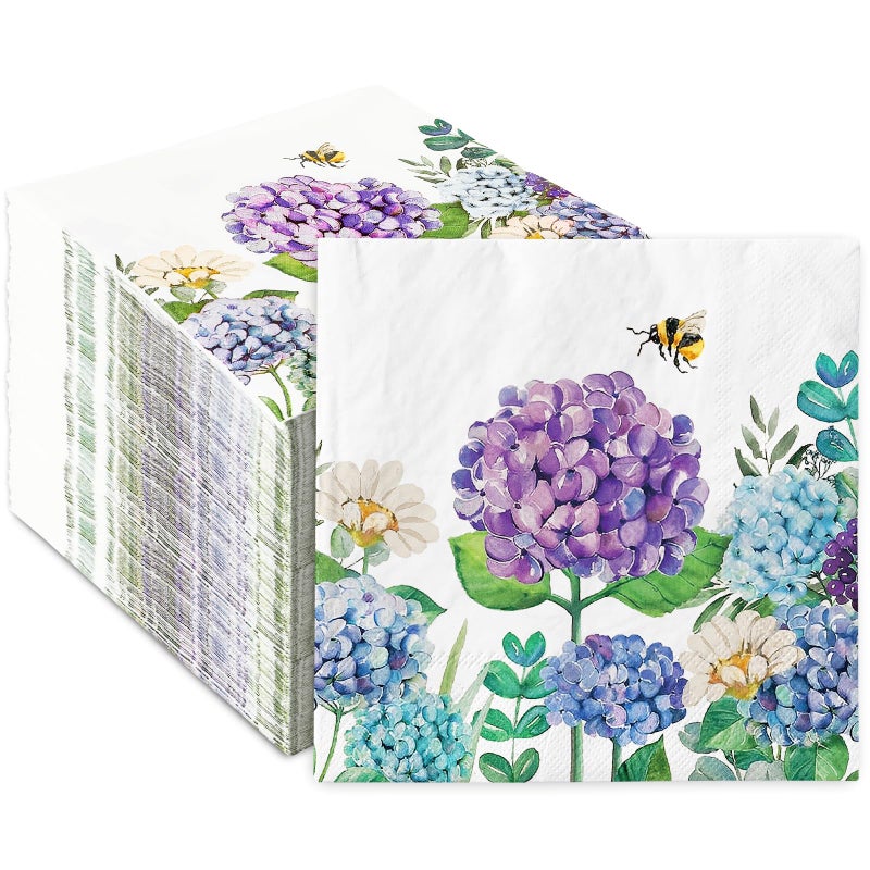 JarThenaAMCS 100Pcs Hydrangea Paper Napkins Summer Blue Purple Flower Luncheon Napkin Watercolor Floral Dessert Dinner Hand Napkin for Wedding Bridal Shower Birthday Party Supplies