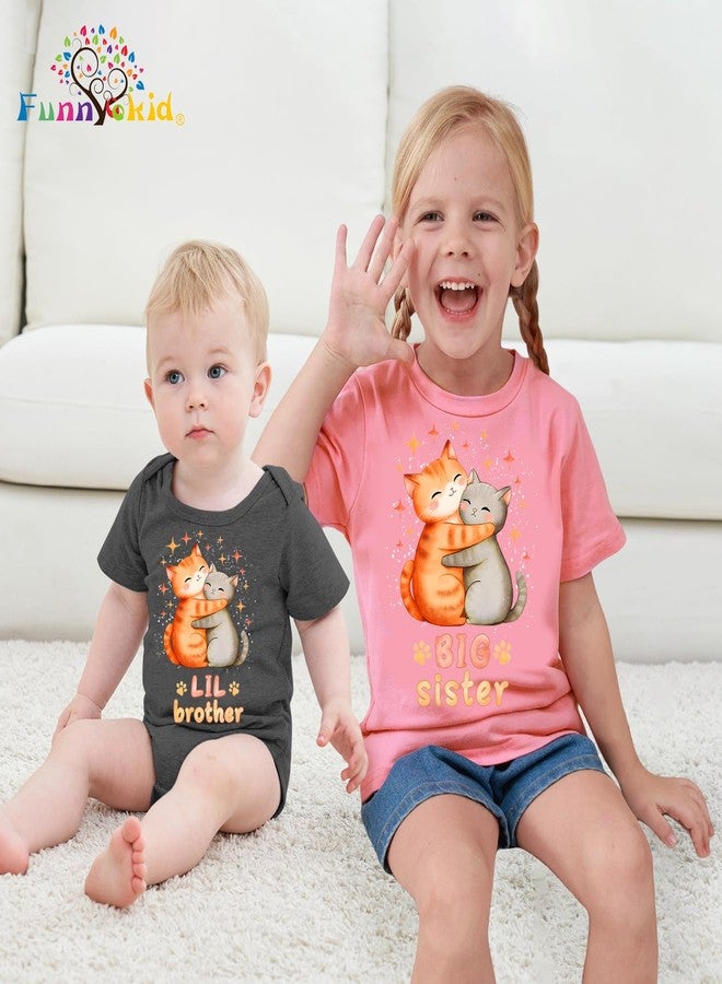 Funnycokid زي الأخت الكبرى والأخ الصغير من Funnycokid قمصان متطابقة للأطفال للفتيات والأولاد حديثي الولادة هدايا قطة صفراء رمادية 4T 0-3M - Image 2