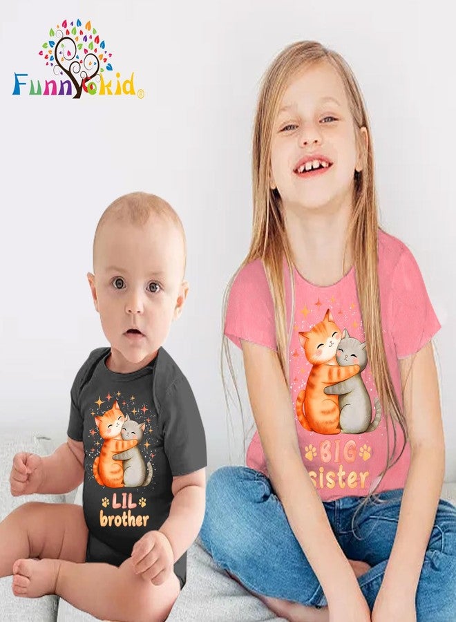 Funnycokid زي الأخت الكبرى والأخ الصغير من Funnycokid قمصان متطابقة للأطفال للفتيات والأولاد حديثي الولادة هدايا قطة صفراء رمادية 4T 0-3M - Image 3