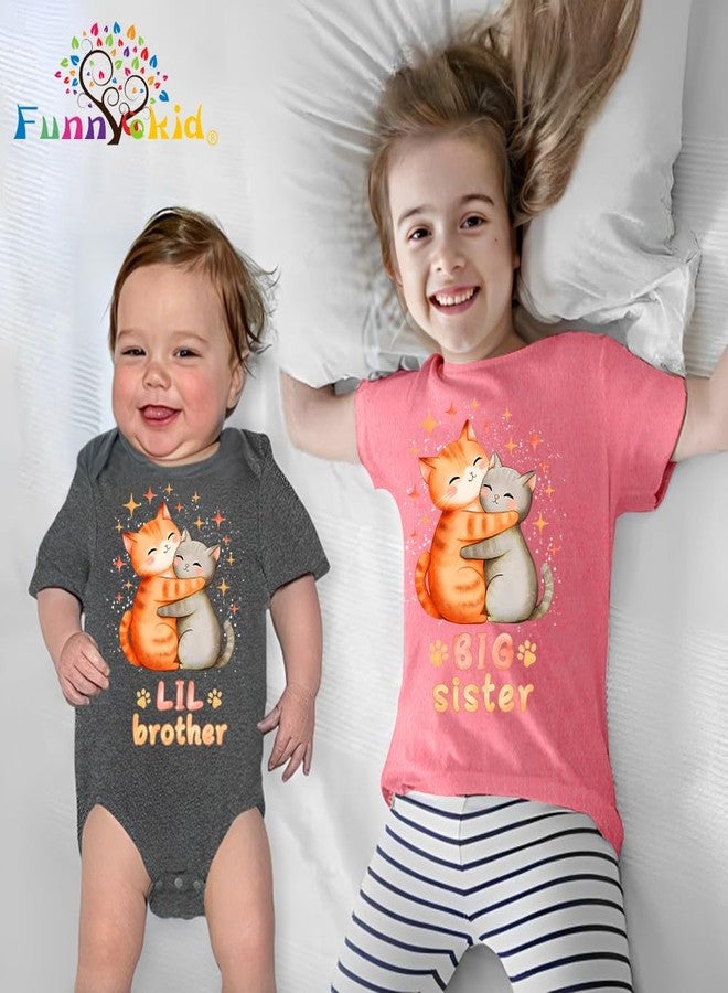 Funnycokid زي الأخت الكبرى والأخ الصغير من Funnycokid قمصان متطابقة للأطفال للفتيات والأولاد حديثي الولادة هدايا قطة صفراء رمادية 4T 0-3M - Image 4