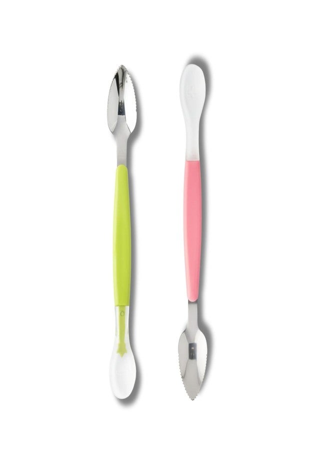 Hian Double Head Baby Fruit Spoon & Scraper-Soft Silicone Spoon and Serrated Stainless Steel Grapefruit Scraper for Easy Fruit Feeding, Safe Fruit Scooping Tool for Kids(Multicolor, Pack of 2) - Image 1