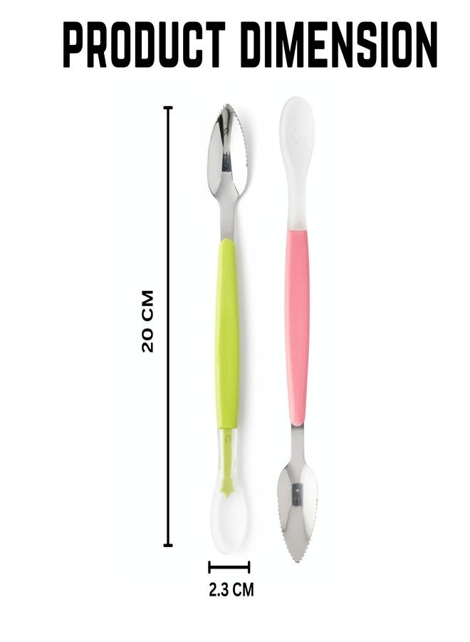 Hian Double Head Baby Fruit Spoon & Scraper-Soft Silicone Spoon and Serrated Stainless Steel Grapefruit Scraper for Easy Fruit Feeding, Safe Fruit Scooping Tool for Kids(Multicolor, Pack of 2) - Image 2