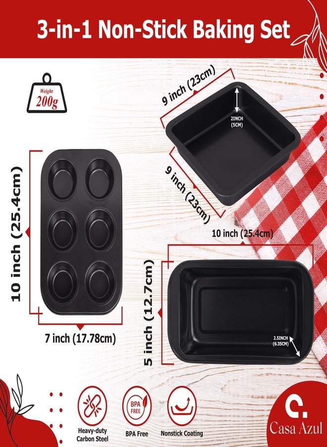 Casa Azul 3-Pcs Non-Stick Bakeware Cake Tin Set | Muffin Tray, Square Baking Tray & Bread Mould, BPA Free Heavy-Duty Carbon Steel Baking Pan, Microwave & OTG Oven Safe - Image 3