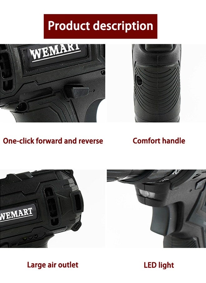 WEMART 48V Variable Speed ​​Drive Drill, 25+3 Position Clutch, 186 lbs Max Torque, Two Li-Ion Batteries and Fast Charger, 3/8" Keyless Metal Chuck, LED Work Light, 24 Accessories + 32 Position Box, Black  - Image 5