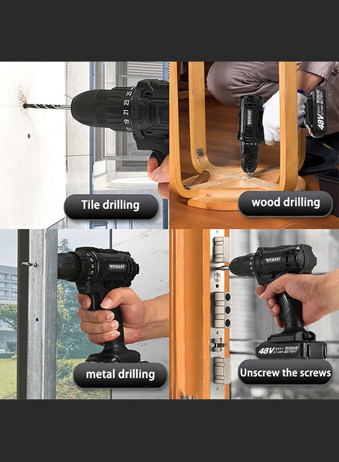 48V Variable Speed ​​Drive Drill, 25+3 Position Clutch, 186 lbs Max Torque, Two Li-Ion Batteries and Fast Charger, 3/8" Keyless Metal Chuck, LED Work Light, 24 Accessories + 32 Position Box, Black