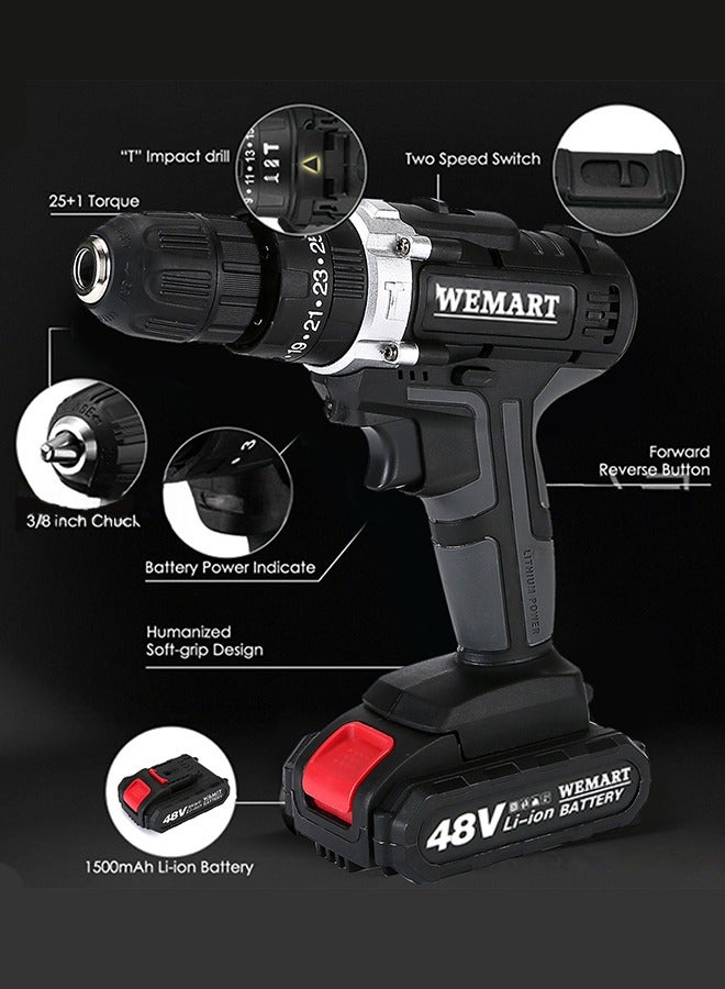 48V Variable Speed ​​Drive Drill, 25+3 Position Clutch, 186 lbs Max Torque, Two Li-Ion Batteries and Fast Charger, 3/8" Keyless Metal Chuck, LED Work Light, 24 Accessories + 32 Position Box, Black